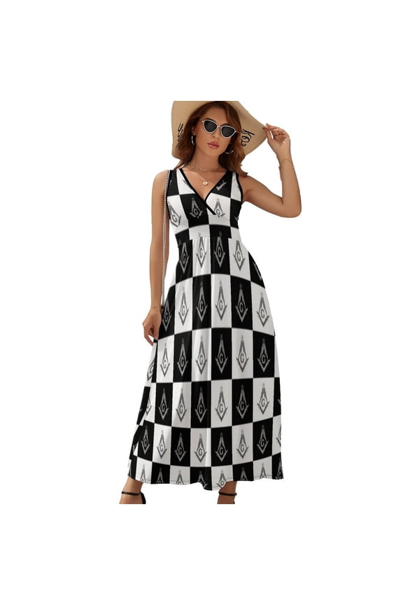 Freemason Checkered Pattern Dress Fashion Boho Beach Long Dresses Female Party Printed Maxi Dress