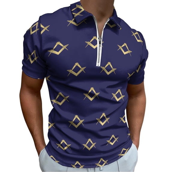 Freemason Pattern Gold Blue Square And Compass Men Zipper T-shirt Summer Casual Short Sleeve T-shirt Top