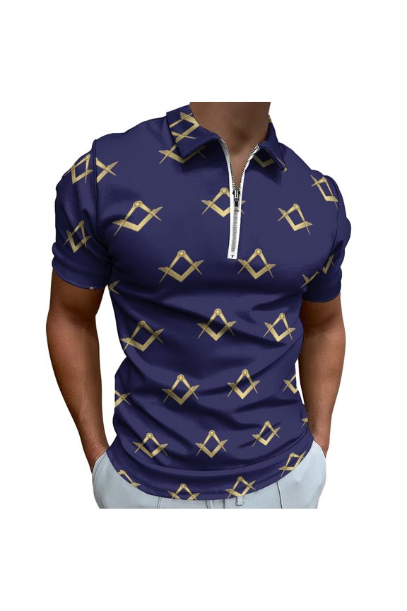 Freemason Pattern Gold Blue Square And Compass Men Zipper T-shirt Summer Casual Short Sleeve T-shirt Top