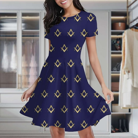Freemason Pattern Gold Blue Square And Compass Women's Classic Swing Skater Dress Casual Work Party Cocktail Dresses