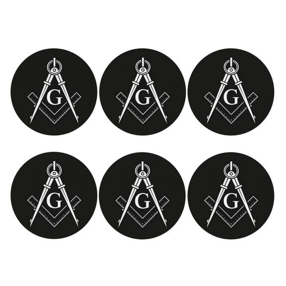 Freemason Square Compass Logo Leather Coasters for Drinks Perfect for Living Room, Kitchen, or Outdoor Use Set of 6 Round Shape