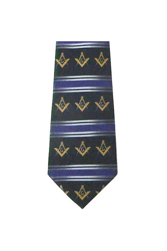 Freemason's Tie - Black Polyester Long Necktie Gold Masonic Striped Pattern