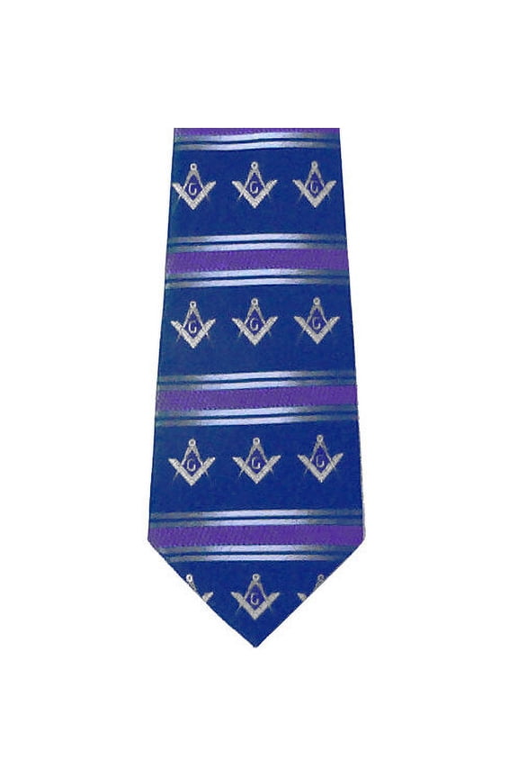 Freemason's Tie - Blue Polyester Long Necktie White Masonic Striped Pattern