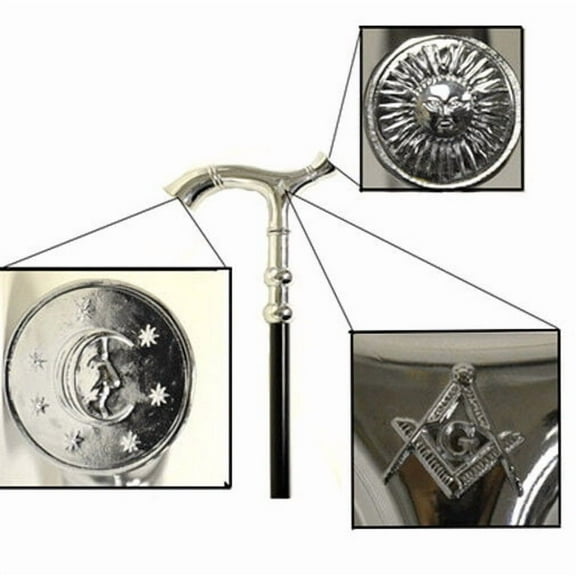 Freemason's Walking Cane (36.5") Curved Top Design Sun, Moon Compass and Square
