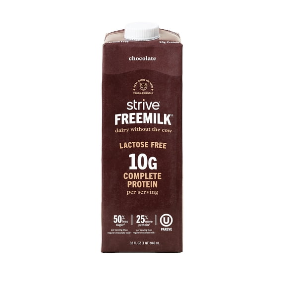 Strive Freemilk Chocolate 32 fl oz, Lactose-Free, Shelf Stable, Vegan-Friendly, 10g Protein, Low Sugar, Kosher Pareve, Milk Alternative