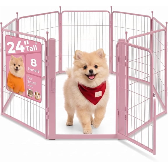 Freepet Foldable Metal Dog Playpen with Door for Small Dogs, 8 Panels, 24 inch, Pink