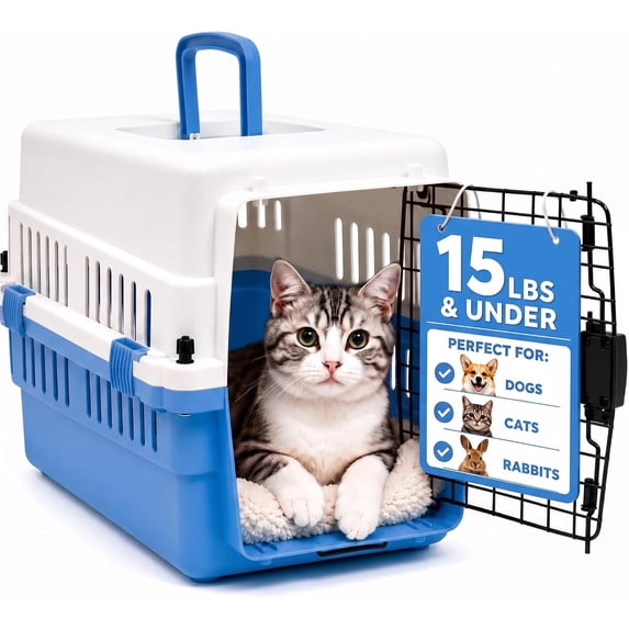 Freepet Hard-Sided Pet Carrier for Cats and Small Dogs, 20 inch, White/Blue