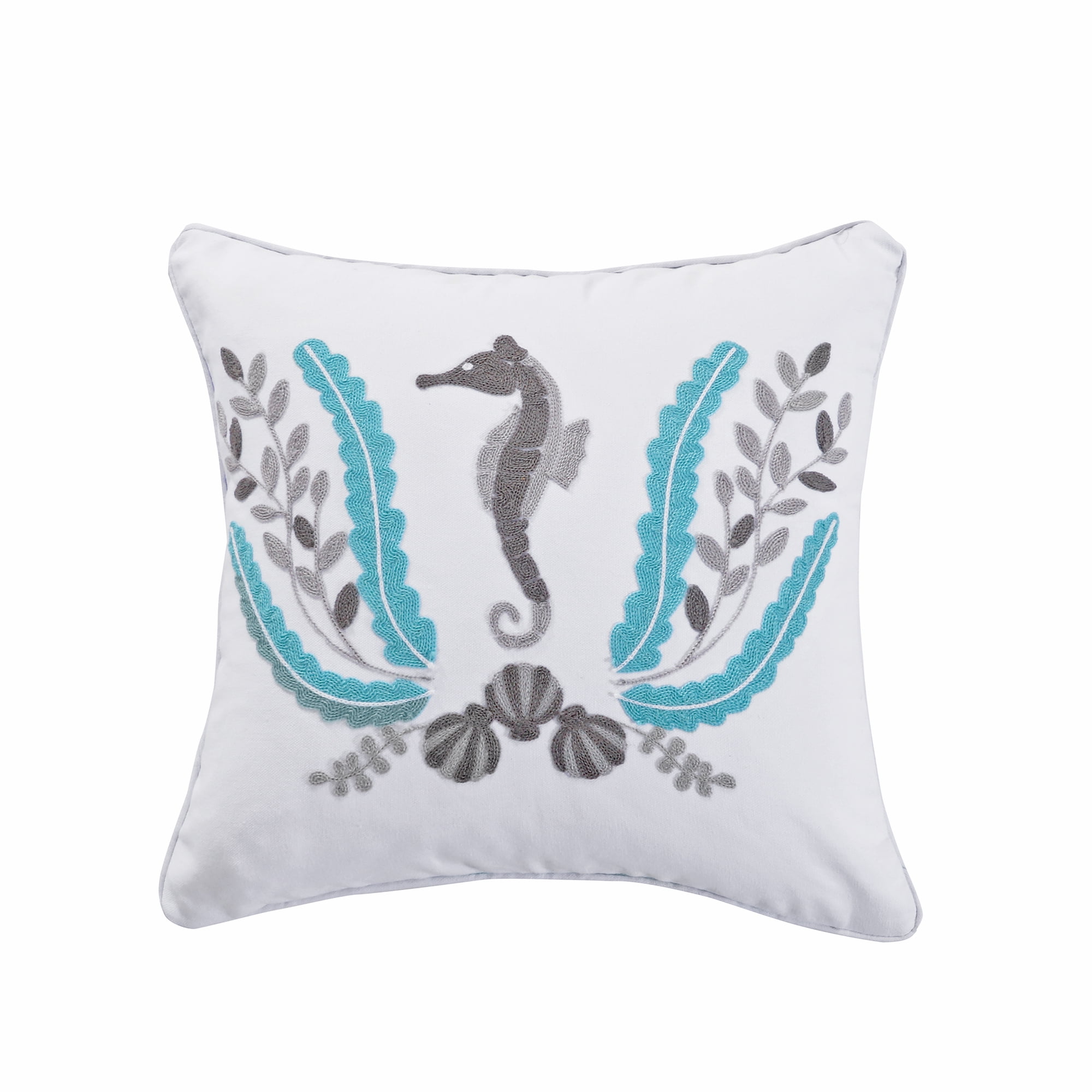 Nautical Embroidered Seahorse 18x18 White Feather Throw Pillow