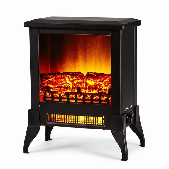 Freestanding 14 Inch Black Electric Fireplace Heater, 1400W 120V Portable Stove with Realistic Flame, Manual Rocker Switches & Thermostat Knob for Indoor Seasonal Heating Decor