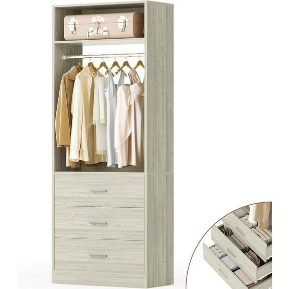 Freestanding 2FT Closet System with 3 Wood Drawers, 24" Closet Organizer System with Hanging Rod & Shelves, Walk-in Closet Systems for Small Closet, White Oak (24"L*15"W*80"H)