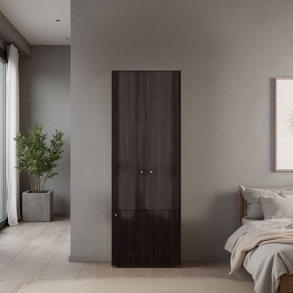 Freestanding 3 Door Closet System with Hanging Rod and Shelves, Manufactured Wood Bedroom Storage for Clothes and Linens, 15.8D x 23.6W x 66.9H, Brown Oak
