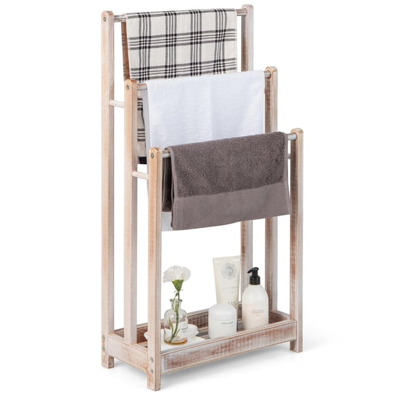 Freestanding 3 Tier Towel Rack with Shelf, Pine Wood Bathroom Towel Holder for Blankets Hand Towels, Laundry Room Living Room Drying Stand, Light Brown