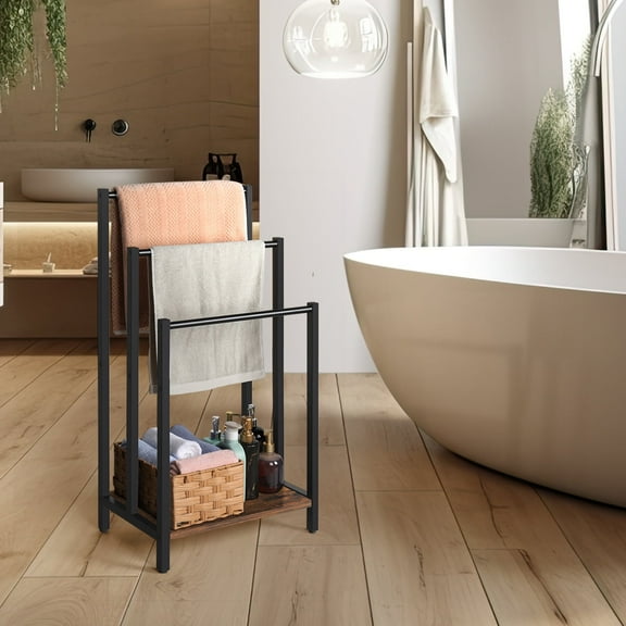 Freestanding 3-Tier Towel Rack with Rustic Wooden Shelf Industrial Blanket Ladder Holder for Living Room, Bathroom, and Bedroom Brown