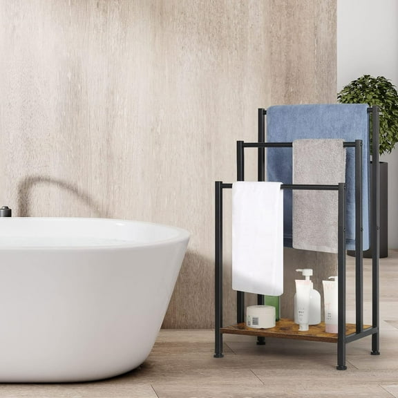 Freestanding 3-Tier Towel Rack with Rustic Wooden Shelf – Industrial Blanket Ladder Holder for Living Room, Bathroom, and Bedroom, Brown