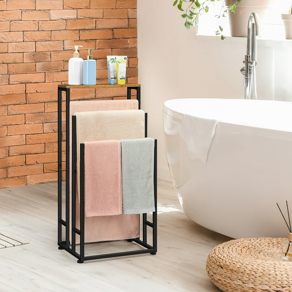 Freestanding 3-Tier Towel Rack with Shelf – Sturdy Towel Drying Stand for Bathroom, Laundry Room, and Dorm, Brown