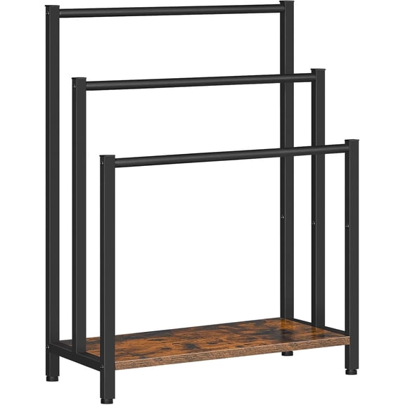Freestanding 3-Tier Towel and Blanket Rack, 23.6" L x 11" W x 31.9" H, Industrial Metal Drying Rack with Shelf, Rustic Brown and Black