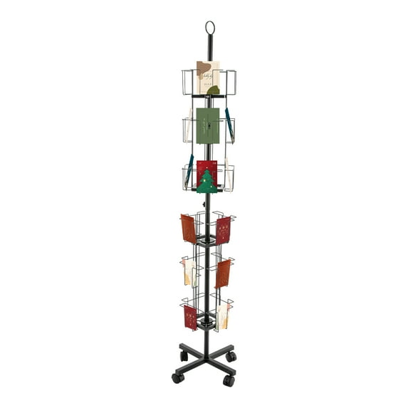 Freestanding 360° Rotating Greeting Card Rack, 6-Tier with 24 Pockets for Postcards, Brochures, and Cards, Black Iron Display Stand