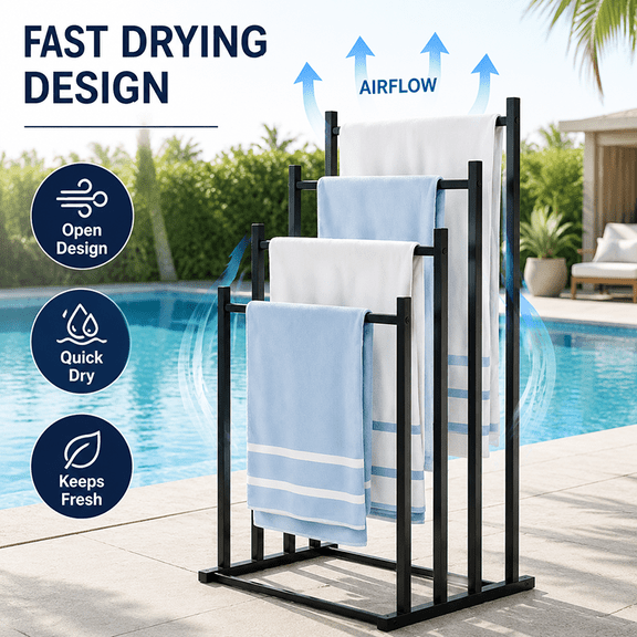 Freestanding 4Tier Metal Towel Rack, Matte Black Towel Drying Stand, RustResistant Bathroom Towel Holder for Bath Towels, Hand Towels, Laundry Pool Side Use