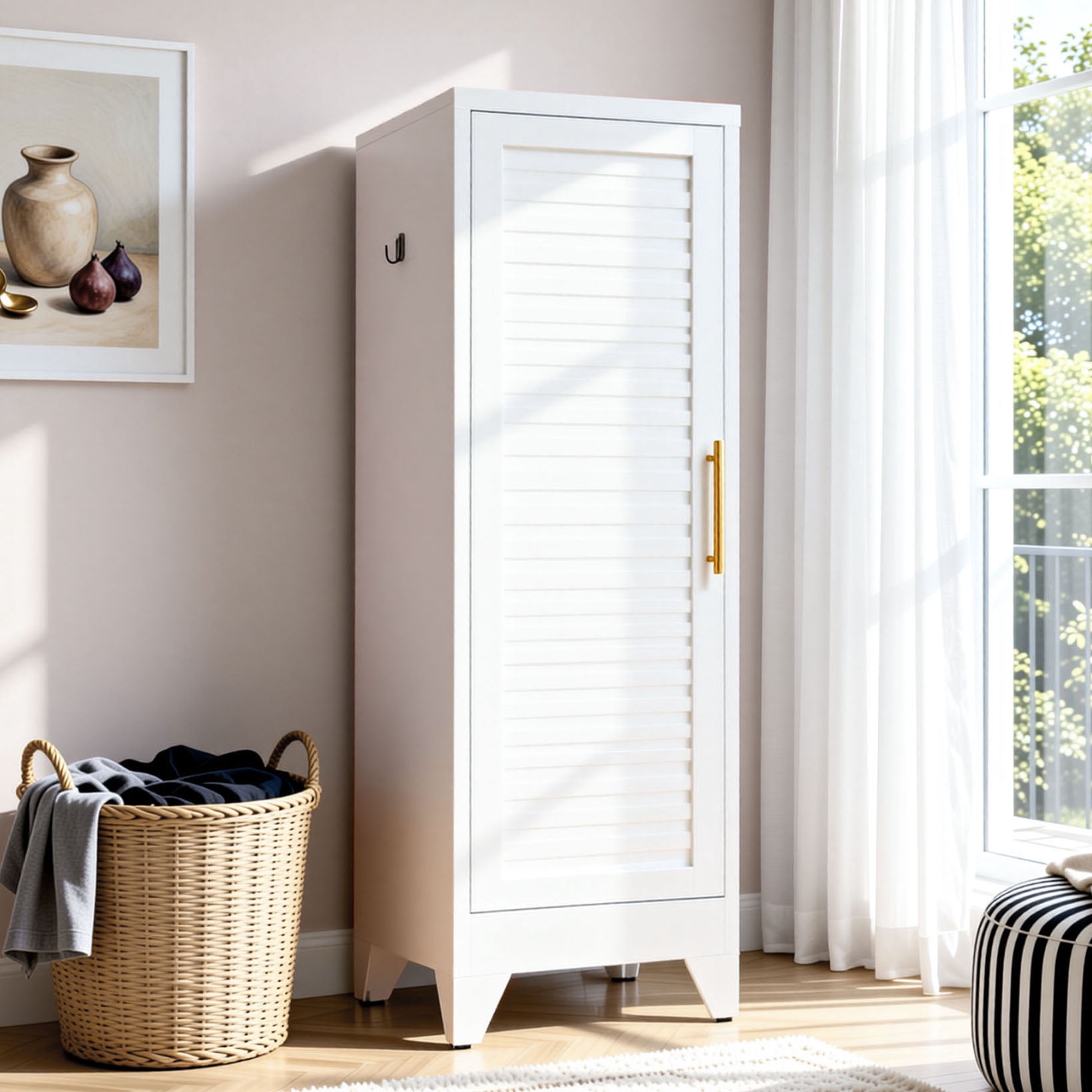 Freestanding 47.2 Inch Slim Metal Wardrobe Cabinet, Classic White ...