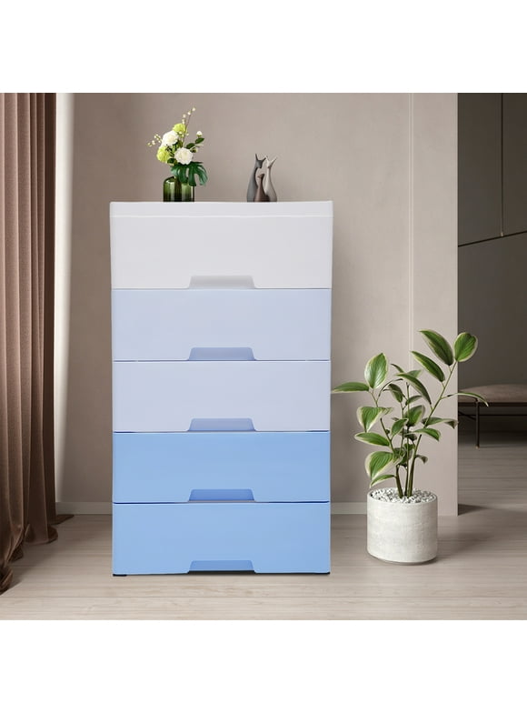 5 Drawers Dresser with Wheels, Modern Plastic Vertical Tower Closet Organizer Cabinet Clothes Storage Chest for Adults Children's  Room Bedroom Gradient Blue