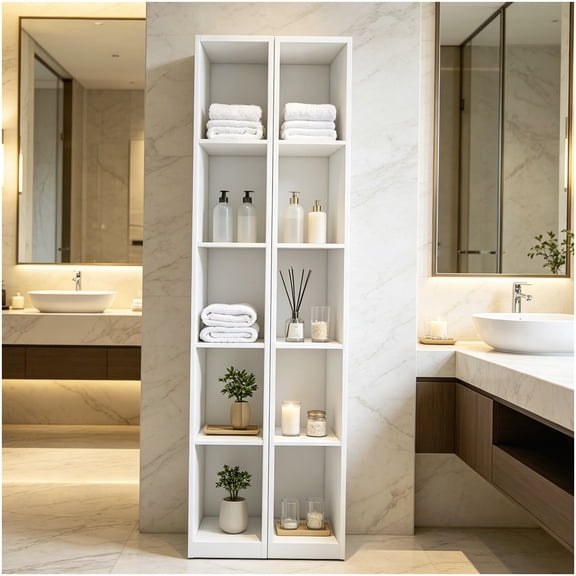 Freestanding 5-Tier 10-Cube Display Shelf, 84 Inch Tall 23.6 Inch Wide, White MDF Construction for Multi-Room Storage and Display