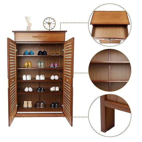 Freestanding 5 Tier Shoe Rack Organizer Cabinet, 2 Doors Bamboo Shoe Storage Cabinet Entryway Shoe Storage Organizer Rack with 1 Drawer for Bedroom,Entryway, Hallway,26 * 13.2 * 40