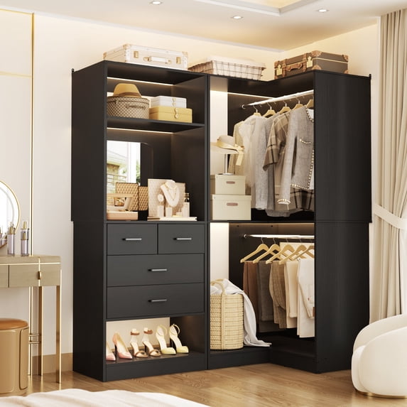 Freestanding 56.5 Inch Closet Organizer System with 4 Drawers, Homieasy Corner Closet System with 2 Rods and 6 shelves for Walk-In Closets, Bedroom, Black