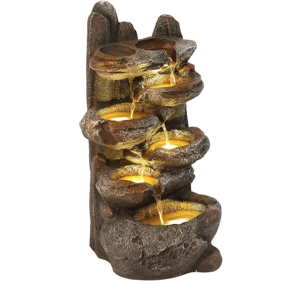 Freestanding 6 Tier Rock Waterfall Fountain with LED Lights for Garden Patio Backyard Deck Indoor Home Decor, Gray