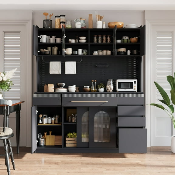 Freestanding 63" W Buffet with Hutch, Large Coffee Bar Storage Cabinet with 6 Drawers, 5 Cabinets with Adjustable Shelves,Pegboard,Towel Rack, Power Outlet (Black)