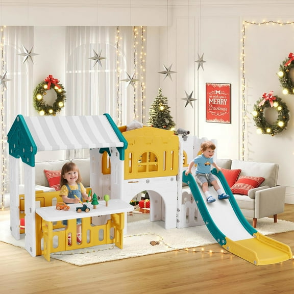 Freestanding 9IN1 Toddler Slide Playset with Playhouse,Kids Climber Playground,w/Basketball Hoop,Telescope,Indoor Outdoor Toys,Xmas Gift(Green&Yellow&White)