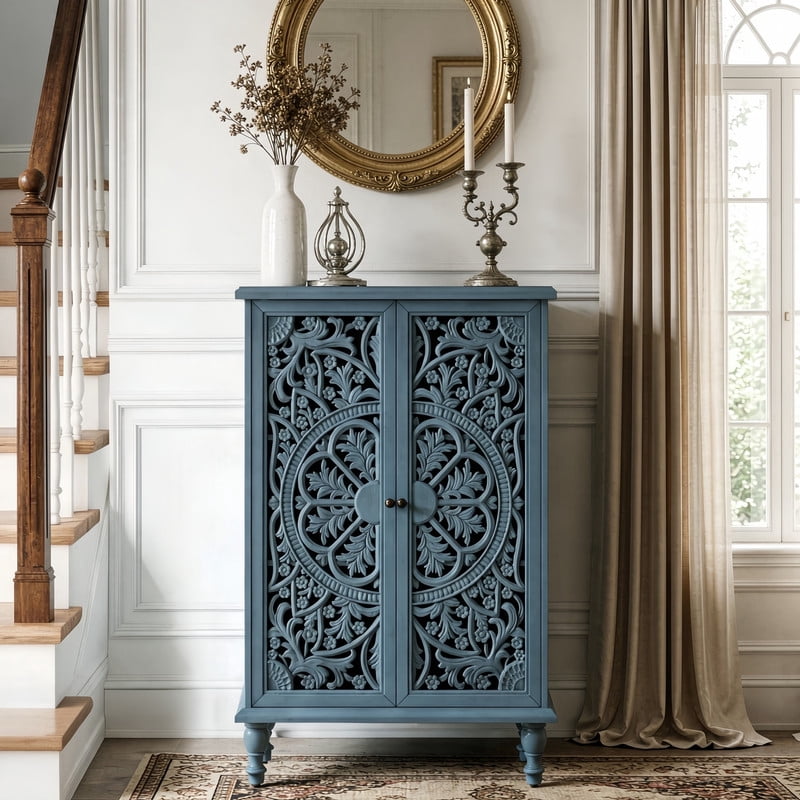 Freestanding Accent Storage Cabinet with Hollowed Out Carved Double Door, Farmhouse Display Buffet Chest with Adjustable Shelf