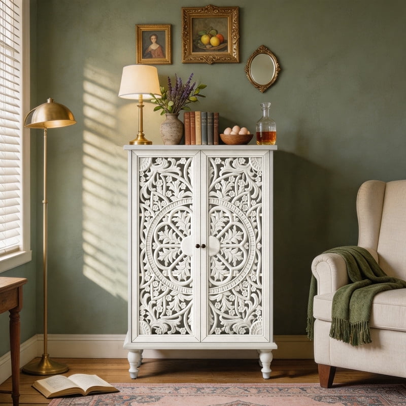 Freestanding Accent Storage Cabinet with Hollowed Out Carved Double Door, Farmhouse Display Buffet Chest with Adjustable Shelf
