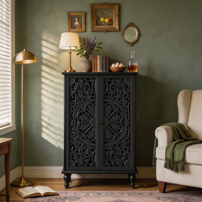 Freestanding Accent Storage Cabinet with Hollowed Out Carved Double Door, Farmhouse Display Buffet Chest with Adjustable Shelf