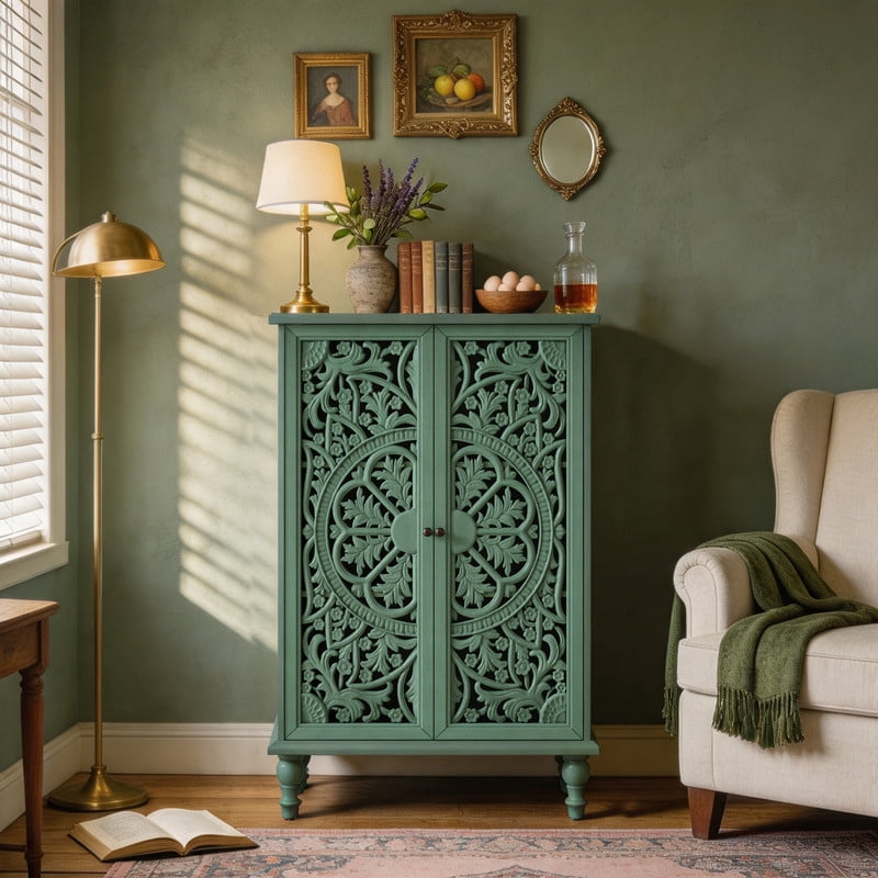 Freestanding Accent Storage Cabinet with Hollowed Out Carved Double Door, Farmhouse Display Buffet Chest with Adjustable Shelf