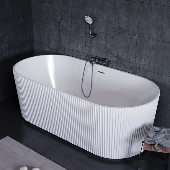 Freestanding Acrylic Whirlpool Bathtub with LED Lights, Soaking Tub with Jets, Handheld Shower & Center Drain
