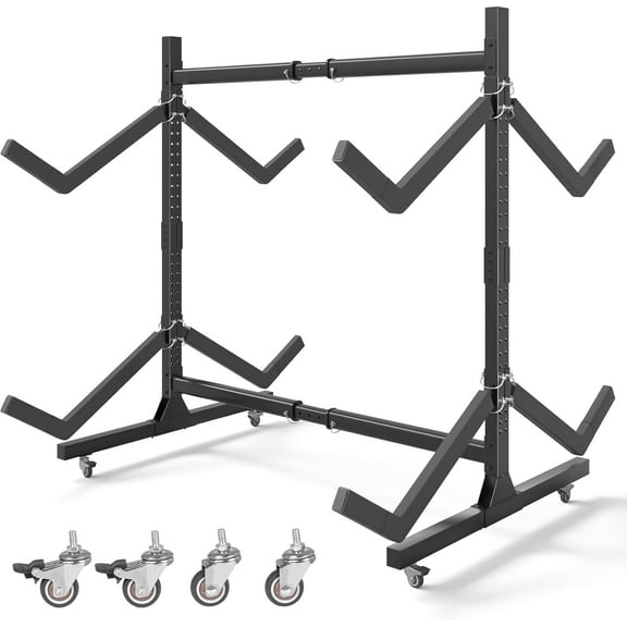 Freestanding Adjustable Kayak Storage Rack, 2 Sides Kayak Bracket, Durable Kayak Rack with Lockable Wheels for Indoor, Outdoor, Garage, Shed, Dock