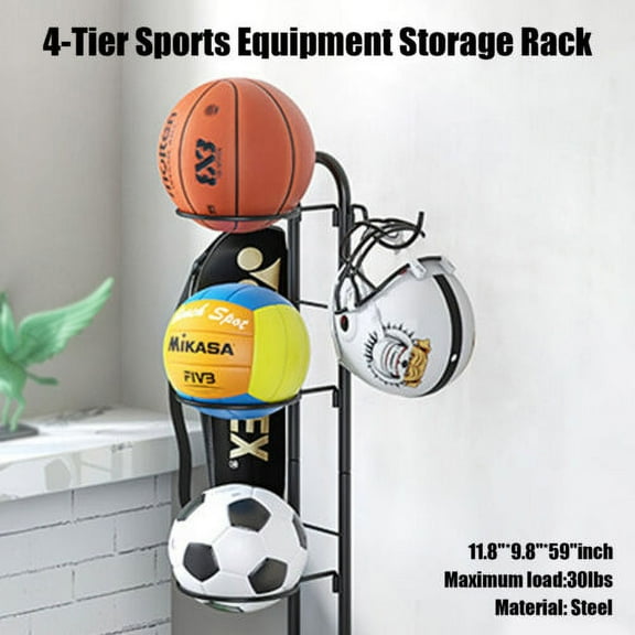 Freestanding Ball Storage Rack Sports Equipment Storage Rack w/ 2 Baskets & Hook