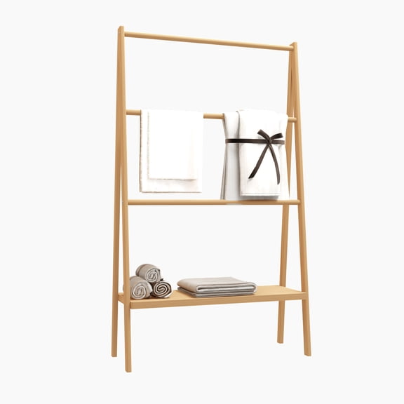Freestanding Bamboo Ladder Towel Rack with Bottom Storage Shelf, Eco-Friendly Handmade Stable Towel Holder for Bathroom Poolside Beach Indoor Outdoor, Natural Textured Bamboo Organizer