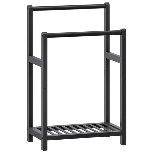 Freestanding Bamboo Towel Rack with Storage Shelf, 2 Tier Quilt Display Stand for Bathroom, Bedroom and Living Room, Natural Wood Finish