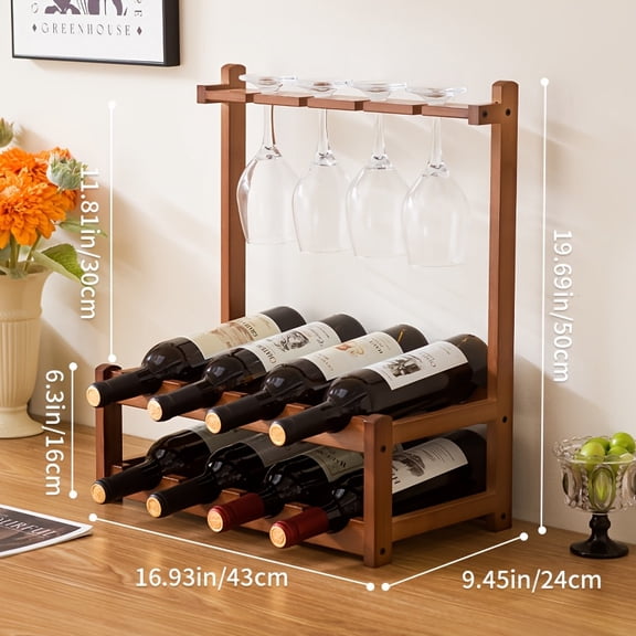 Freestanding Bamboo Wine Rack, Desktop Multi-Functional Bottle Holder with Upside-Down Stemware Hanger, Holds 5 Wine Bottles & 5 Glasses, Sturdy Organizer for Kitchen Living Room Cellar