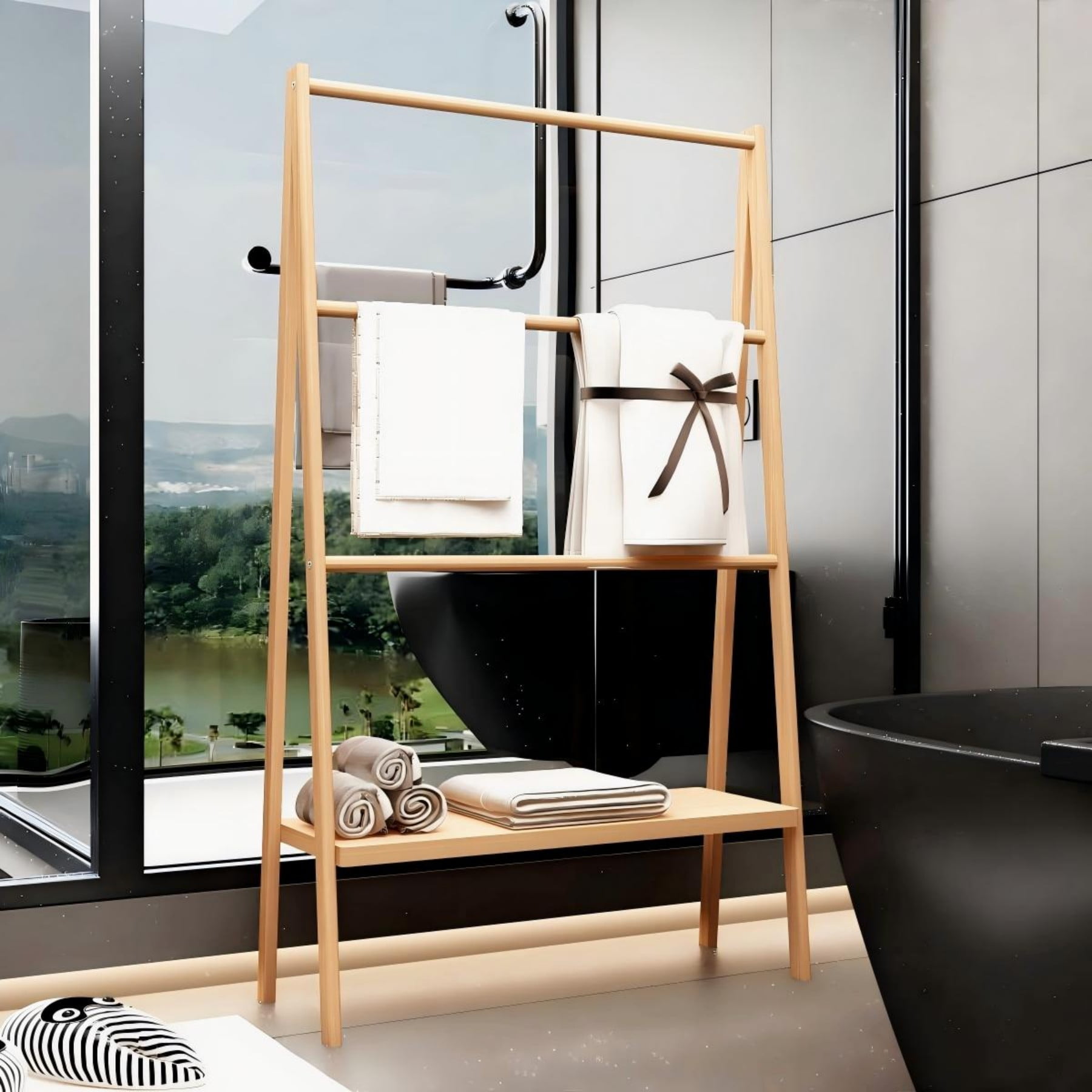 Freestanding Bamboo Wood Towel Ladder Rack with Storage Shelf,4 Tiers,Neutral