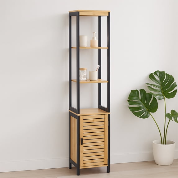 Freestanding Bath Linen Tower Cabinet Cebu 1 Door 3 Storage Alcoves Bamboo Black Wood
