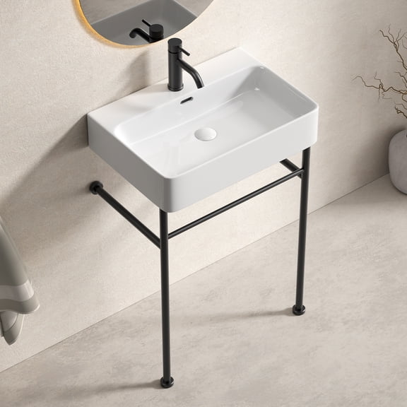 Freestanding Bathroom Console Sink 24In*16.5In*34.65In Stainless Steel Support Pedestal Legs Wall-Mounted White Ceramic Basin