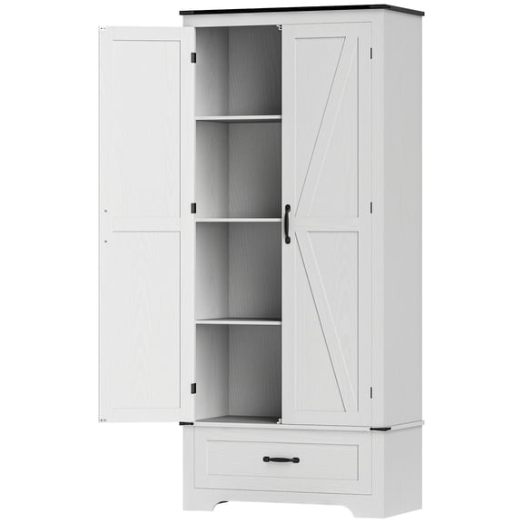 Freestanding Bathroom Linen Tower, Tall Storage Cabinet with Double Doors & Adjustable Shelves, White