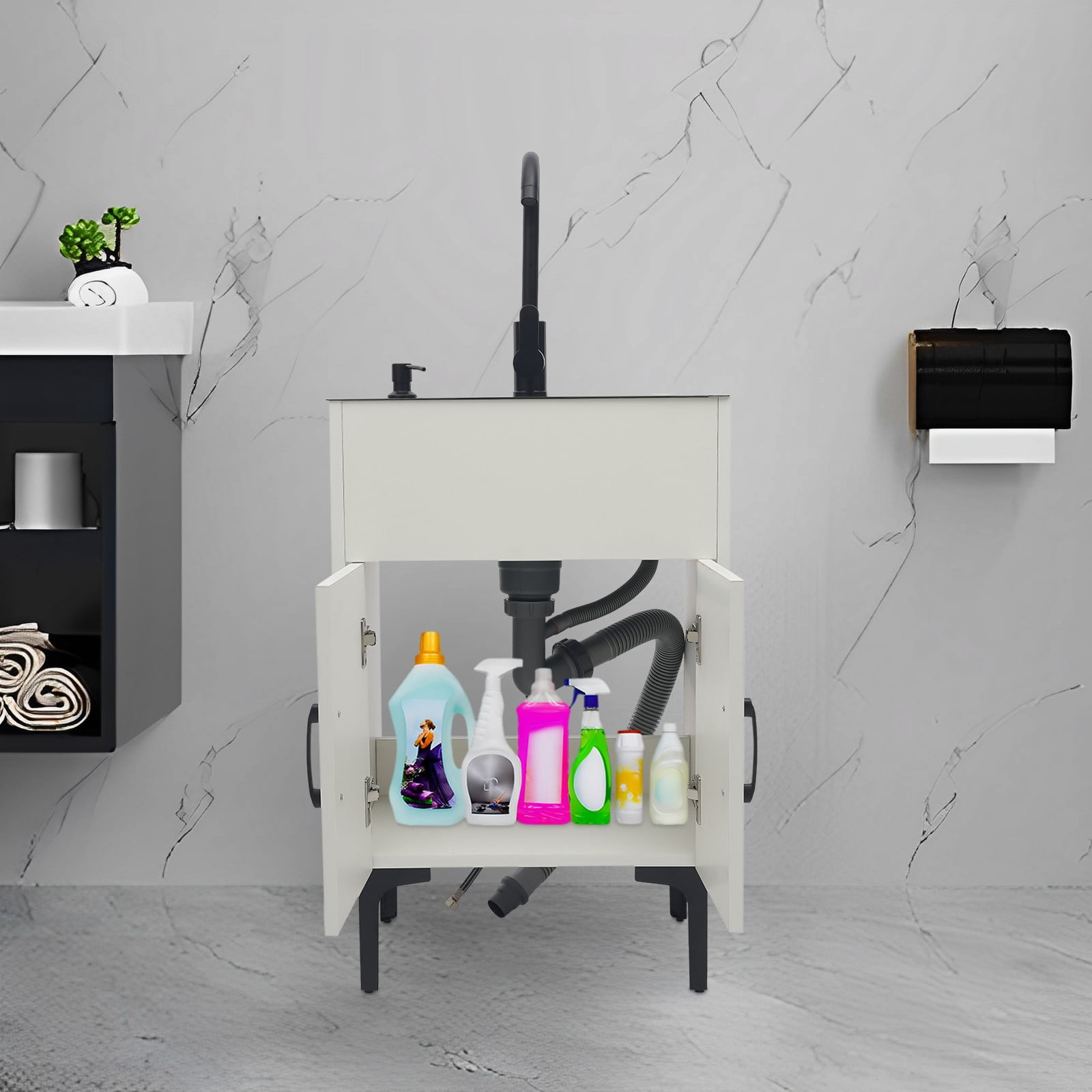 Freestanding Bathroom Sink Cabinet, 201 Stainless Steel, Solid Wood Construction, Nano Coating, Welding, Polishing Process, Perfect for Hotels, Restaurants, and Kindergartens