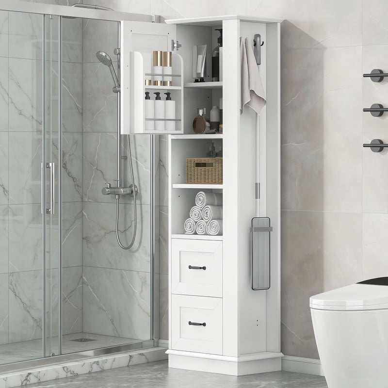 Freestanding Bathroom Storage Cabinet, Pantry Sideboard Storage Cabinet with Side Hooks, Drawers & Adjustable Shelf