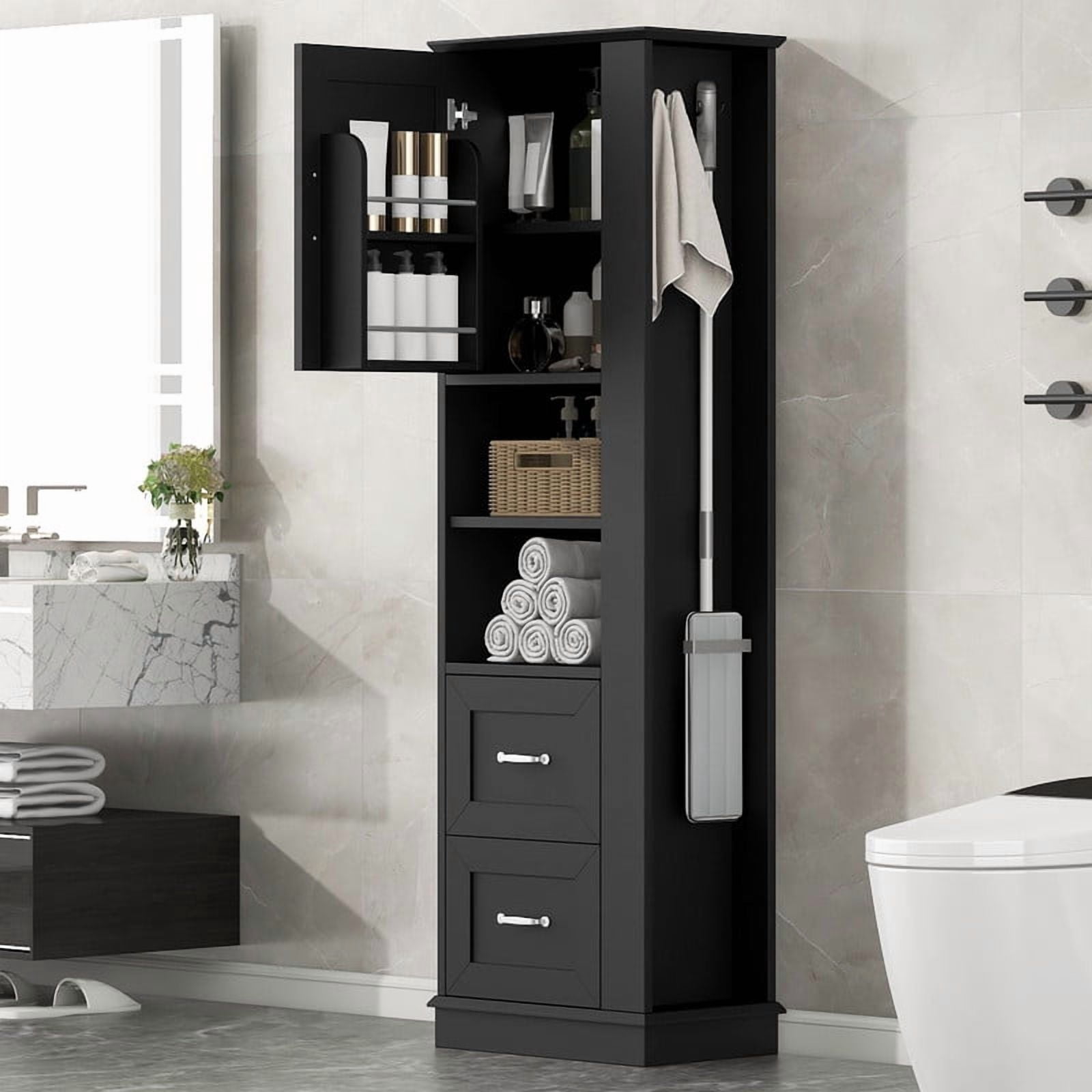 Freestanding Bathroom Storage Cabinet, Pantry Sideboard Storage Cabinet with Side Hooks, Drawers & Adjustable Shelf