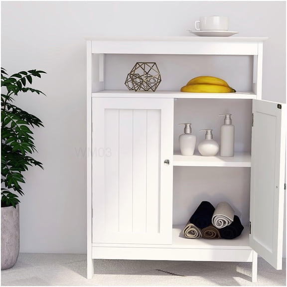 Freestanding Bathroom Storage Cabinet, White MDF Double Shutter Door Organizer with Open Shelf for Vanity