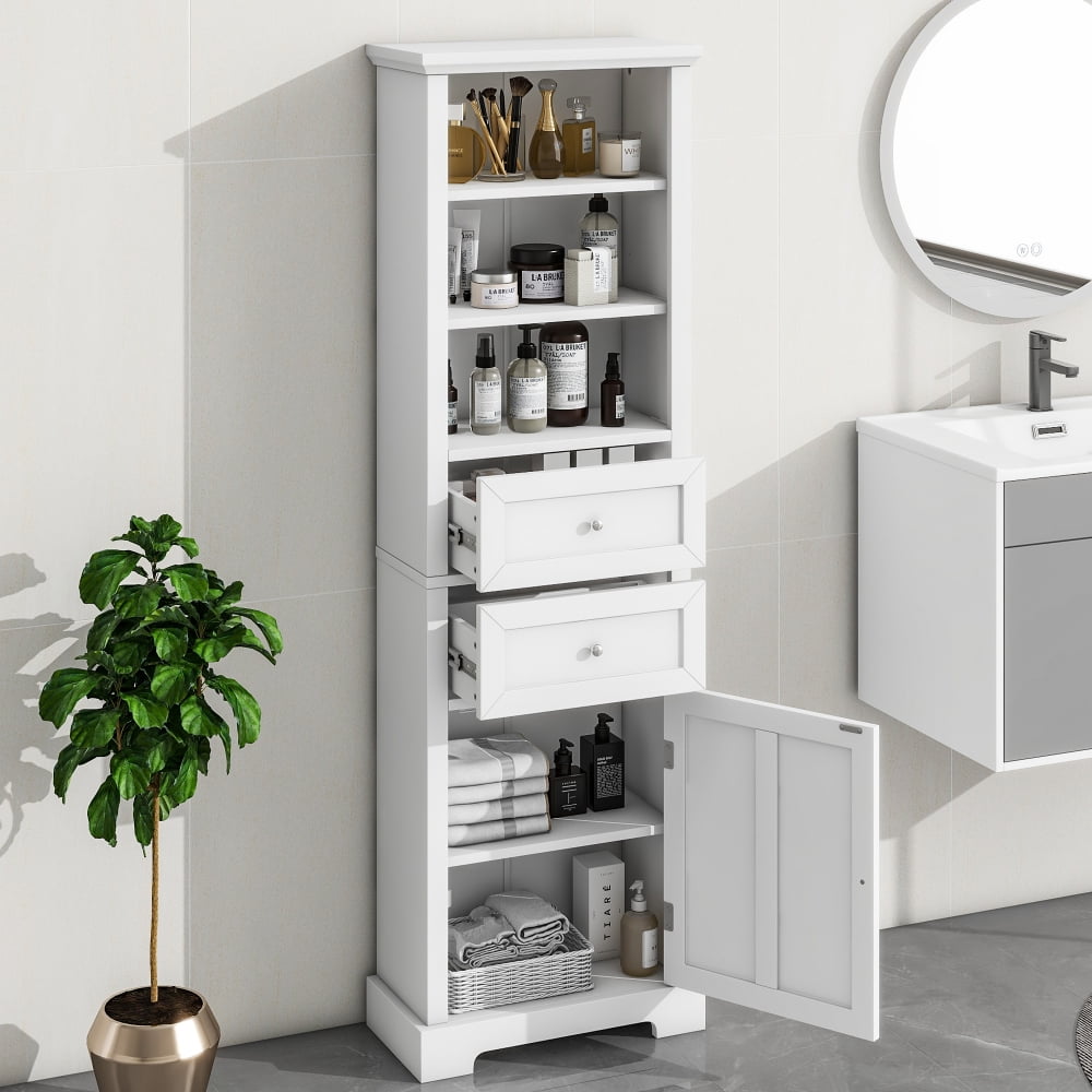 Freestanding Bathroom Storage Cabinet with 3 Open Storage, 2 Drawers ...