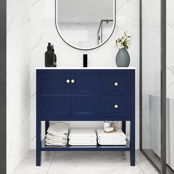Freestanding Bathroom Vanity 36x18 Inch Soft Close Drawers Doors Storage Shelf Gel Basin Sink Powder Room Blue